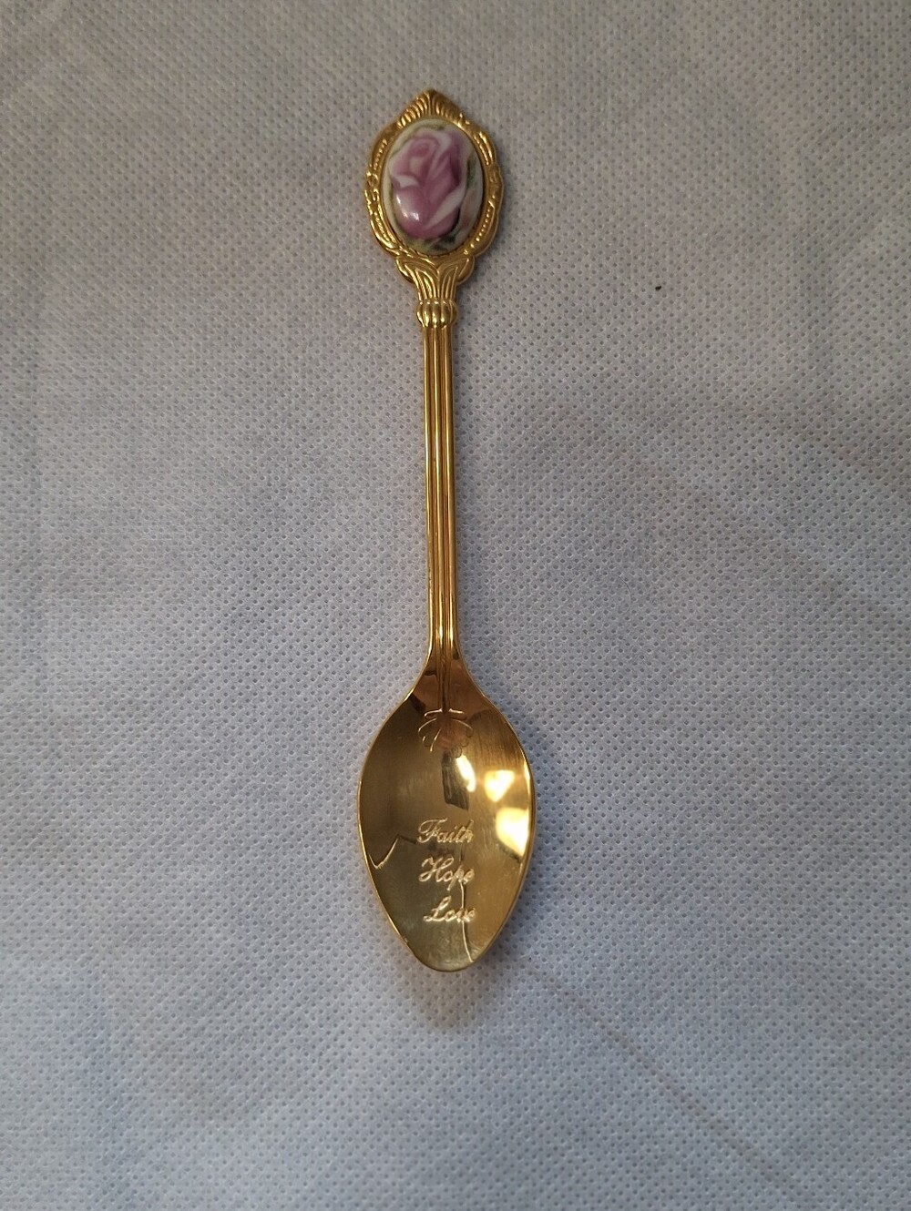 Vintage Gold Toned Decorative Spoon With Rose Motif - Faith Hope Love